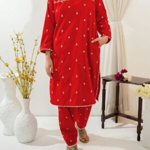 2Pcs Front Neck,Shoulder Emb With Border Lace Work Shirt And Emb Trouser Kids Pocket 2Pcs