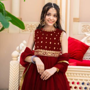 Front All'over Embroidery with Nug,Stone Handwork On Top And Plain Skirt Lace duppatta Kids 3Pcs